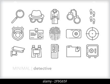 Icône de ligne de détective ensemble d'éléments d'un oeil privé ou un détective de police pourrait utiliser pour résoudre un mystère ou un cas Illustration de Vecteur