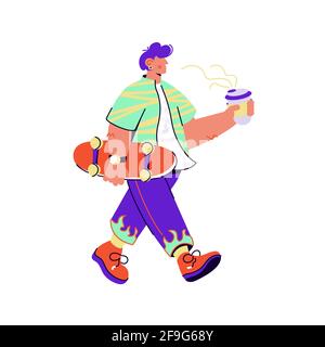 Illustration vectorielle d'un skateur élégant avec planche à roulettes pour porte-tasse de café isolée sur fond blanc. Jeune sportif de marche couleur conception plate. Han Illustration de Vecteur