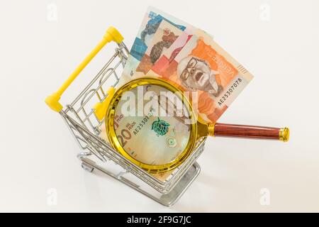 Un panier miniature avec de l'argent colombien et une loupe. Le concept économique et commercial, la hausse de l'inflation et la crise économique du pays Banque D'Images