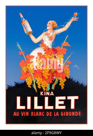 LILLET French drink poster des années 1930 lithographie publicité vintage faisant la promotion de la liqueur de vin blanc alcoolique Kina Lillet. ' Kina Lillet - au vin blanc de la gironde' apparaît ci-dessous l'illustration d'une femme avec le produit. Lillet classé vin aromatisé en droit de l'UE, apéritif à base de vin français de Podensac, mélange de 85% de vins de la région de Bordeaux (Semillon pour le blanc et pour le Rosé, Merlot pour la Rouge) et 15% de liqueurs macérées, principalement des liqueurs d'agrumes (Pelures d'oranges douces d'Espagne et du Maroc et pelures d'oranges vertes amères d'Haïti Banque D'Images