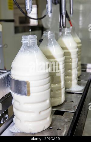 Remplissage du lait dans des bouteilles en plastique à l'usine. Équipement dans l'usine laitière. Machine à embouteillage de lait. Banque D'Images