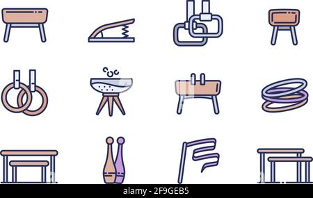 Jeu d'icônes d'équipement de gymnastique. Ensemble de contours d'icônes vectorielles d'équipement de gymnastique pour la conception de sites Web isolés sur fond blanc Illustration de Vecteur