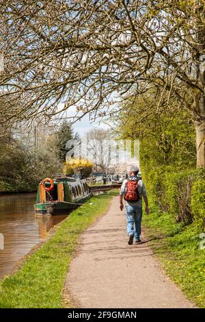 Homme marchant le long du chemin de halage de Trent et Mersey canal passé un bateau à rames près des écluses de Red Bull à Église Lawton Cheshire Banque D'Images