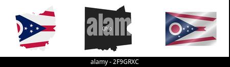 Carte de l'État de l'Ohio avec drapeau masqué. Silhouette détaillée. Drapeau de l'ondulation. Illustration vectorielle isolée sur blanc. Illustration de Vecteur