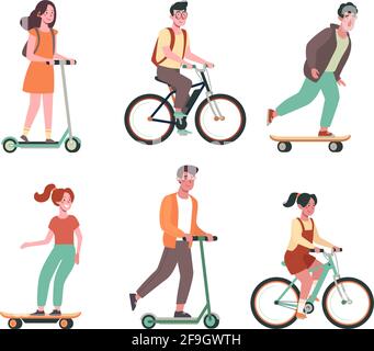 Les enfants font du vélo, des planches à roulettes, des scooters. Collection Flat Vector avec enfants sur transport électrique. Pour enfants, garçons et filles. Illustration colorée de style dessin animé isolée sur fond blanc Illustration de Vecteur