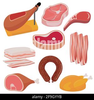 Produits à base de viande à motif plat. Illustration de Vecteur