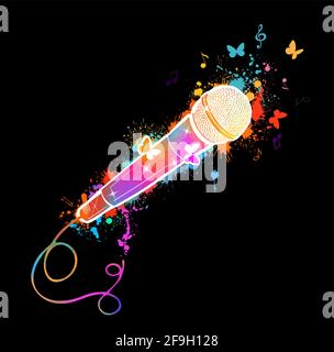 Microphone multicolore avec papillons et notes. Icône de vecteur de dessin animé micro isolé. Illustration vectorielle Illustration de Vecteur