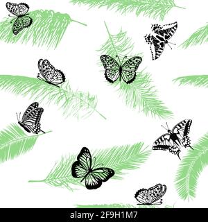 Feuilles de palmier avec papillons . fond sans couture. Illustration vectorielle Illustration de Vecteur