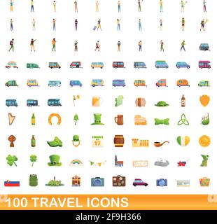 100 icônes de déplacement définies. Illustration de dessin animé de 100 icônes de voyage scénario isolé sur fond blanc Illustration de Vecteur