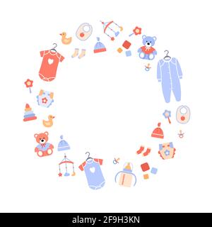 Arrière-plan bébé. Cadre rond plat avec jouets pour enfants. Illustration de Vecteur