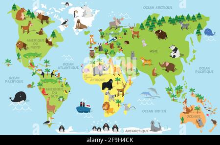Drôle de cartoon carte du monde en français avec les animaux traditionnels de tous les continents et les océans. Illustration vectorielle pour l'éducation préscolaire et les enfants desi Illustration de Vecteur
