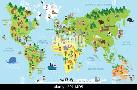 Carte du monde amusante avec des enfants de différentes nationalités, des animaux et des monuments de tous les continents et des océans. Noms en espagnol. Vecteur il Illustration de Vecteur