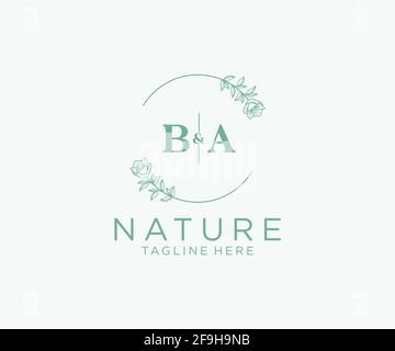 Lettres BA modèle de logo féminin botanique floral, modifiable logo monoline préfabriqué adapté, marque de mariage féminine de luxe, entreprise. Illustration de Vecteur