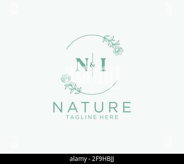 LETTRES NI modèle de logo féminin botanique floral, modifiable logo monoline préfabriqué adapté, marque de mariage féminine de luxe, entreprise. Illustration de Vecteur