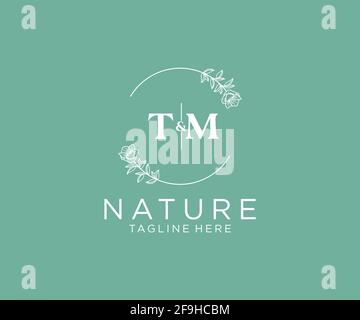 Lettres TM modèle de logo féminin botanique floral, logo monoline préfabriqué modifiable adapté, marque de mariage féminine de luxe, entreprise. Illustration de Vecteur