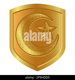 symbole représentant une étoile de lune en forme de croissant dans le symbole en forme de bouclier doré de Force Islam Illustration de Vecteur