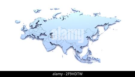 Carte des pays d'Eurasie et illustrations en 3D sur fond blanc. Banque D'Images