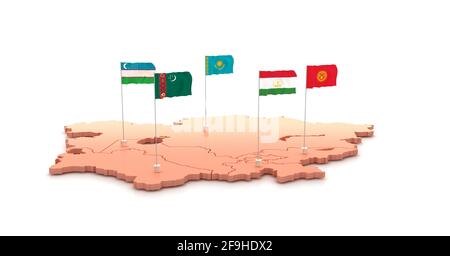 Union de l'asie centrale. Les pays d'asie centrale cartographier et arborent des illustrations 3D sur fond blanc. Banque D'Images