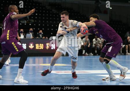 Rock FELIHO , Theo Monar de HBC Nantes et GABIN MARTINEZ de Dunkerque HGL pendant le championnat français, Lidl Starligue handball match entre HBC Nantes et Dunkerque HGL le 18 avril 2021 à H Arena de Nantes, France. Photo de Laurent Lairys/ABACAPRESS.COM Banque D'Images