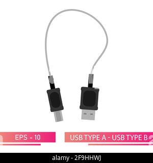 USB type A - USB type B, adaptateur, câble d'extension. Sur fond blanc. Illustration vectorielle plate. Illustration de Vecteur