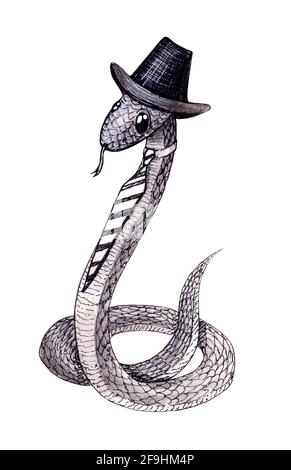 Dessin à la main mignon serpent noir et blanc enfants dessin animé illustration de l'encre dans un chapeau et un lien isolé sur arrière-plan blanc Banque D'Images