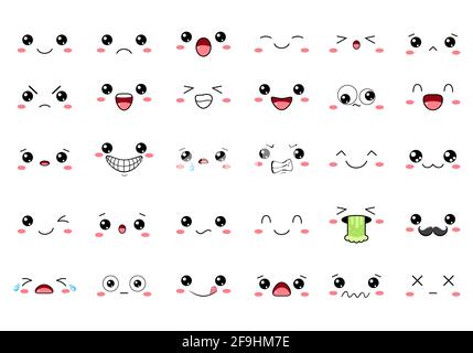 Collection d'émoticônes kawaii avec différentes humeur. Ensemble de visages émoji mignon de dessin animé dans différentes expressions - heureux, triste, pleurer, peur, fou. Sur blanc Illustration de Vecteur