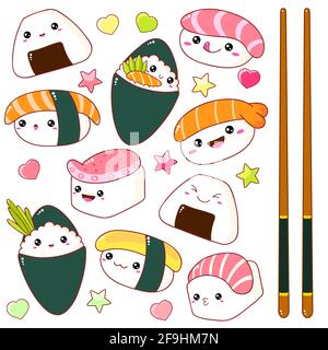 Ensemble de rouleaux de sushi et mignon des icônes dans le style kawaii avec sourire et joues roses. La cuisine traditionnelle japonaise. Temaki, baguettes, nigiri, Illustration de Vecteur