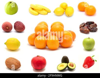 Une collection de photos de fruits frais savoureux sur fond blanc. Banque D'Images