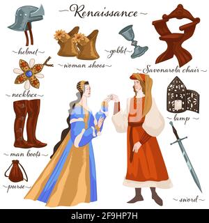 Homme et femme de la Renaissance dans des vêtements traditionnels Illustration de Vecteur