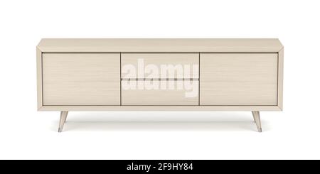 Meuble de téléviseur en bois au design moderne sur fond blanc Banque D'Images