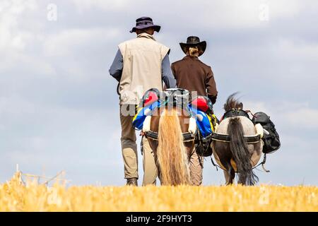 Couple errant avec poneys Shetland miniatures comme animaux de paquet. Allemagne Banque D'Images