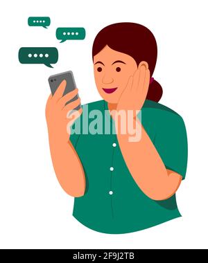 Chubby Woman est heureuse avec Chat sur le téléphone mobile. Illustration de Vecteur