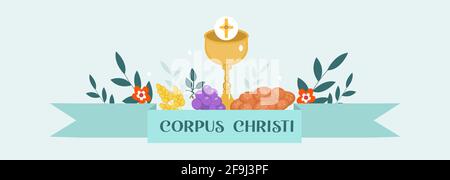 Carte de vœux religieuse catholique de Corpus Christi, modèle pour votre conception. Fête, croix, pain, raisins. Illustration vectorielle Illustration de Vecteur