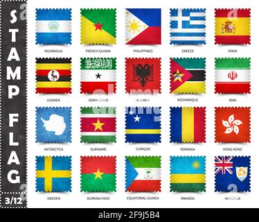 Timbre avec motif officiel de drapeau de pays et ancienne texture de grunge et nom de pays . Forme carrée . Vecteur . Set 3 de 12 sur cette série ( tous nationaux Illustration de Vecteur