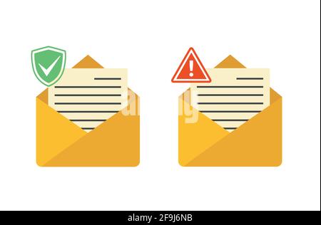 Icônes d'e-mail définies. Enveloppes jaunes avec notification, vérification, nouveau message, lettre suspecte Illustration de Vecteur