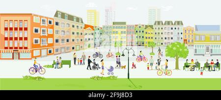 Ville avec des piétons et des familles en temps libre, zone sans voiture, illustration Illustration de Vecteur