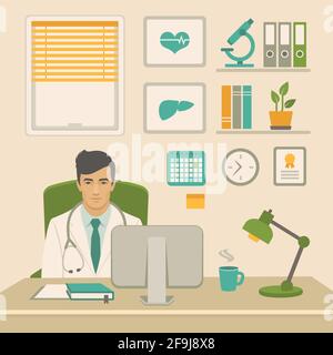médecin au bureau. travailleur médical dans l'armoire, derrière la table et l'ordinateur. Illustration vectorielle d'une conception plate Illustration de Vecteur