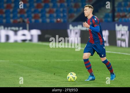 Carlos Clerc de Levante UD pendant le championnat d'Espagne la Ligue football match entre Levante UD et Villarreal CF le 18 avril 2021 à l'Estadio Ciutat de Valencia à Valence, Espagne - photo Maria Jose Segovia / Espagne DPPI / DPPI / LiveMedia Banque D'Images