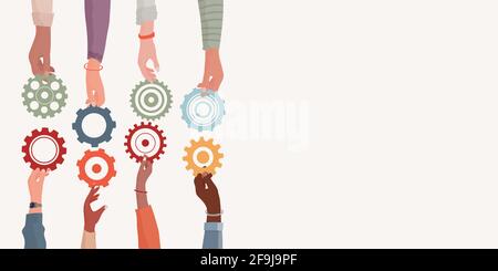 Bannière. Concept travail d'équipe et coopération entre collègues. Les bras et les mains de personnes diverses tenant un équipement qui s’adapte à d’autres cogwheel.Community Illustration de Vecteur