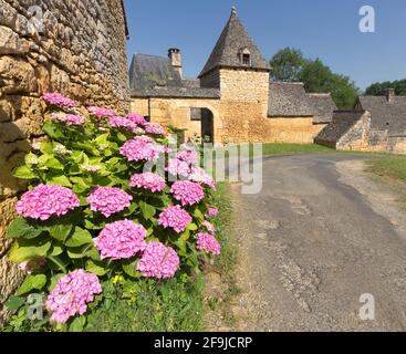 Le beau village de Lasserre, en Dordogne, possède de nombreuses propriétés avec de beaux toits en pierre (lauze) et des murs en pierre dorée Banque D'Images