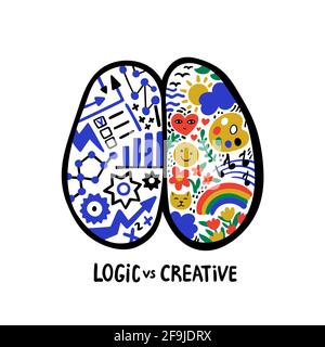 Psychologie. Logique vs créatif. Concept de cerveau humain gauche-droit. Main dessinée partie créative et logique avec social et de l'entreprise. Vecteur de style Doodle Illustration de Vecteur