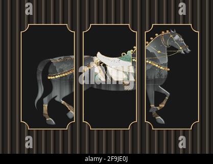papier peint mural d'illustration 3d . Fond noir et cheval dans des cadres . pour mur maison décoratif Banque D'Images