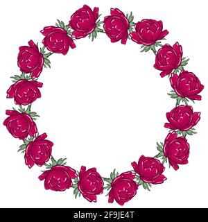 Cadre circulaire avec pivoines. Pivoines bordeaux brillantes dans un cercle. Modèle pour cartes postales et invitations. Vector.Blooming RIM. Illustration de Vecteur