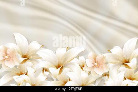 Papier peint art mural 3D . fleurs dorées sur fond de soie Banque D'Images