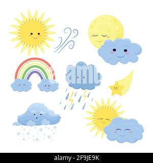 De jolies icônes météo sont présentées dans un style de dessin animé plat, isolé sur fond blanc. Illustration vectorielle du soleil, de la pluie, de la tempête, de la neige, du vent, lune, étoile, arc-en-ciel. F Illustration de Vecteur