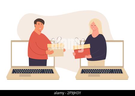 des gens heureux. Offrez-vous des cadeaux. Une femme donne un cadeau à un homme par ordinateur portable. Le gars donne un cadeau à la fille. Surprise de vacances. Célébration de Noël Illustration de Vecteur