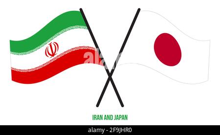 Les drapeaux iraniens et japonais ont traversé et ont fait des signes de style plat. Proportion officielle. Corriger les couleurs. Illustration de Vecteur