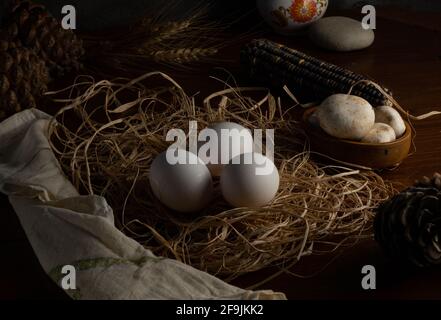 Gros plan sur les œufs de poulet biologique en nid avec champignons, oreilles de blé, maïs et cône de pin avec concept de photographie de nourriture sombre, concept de ferme Banque D'Images