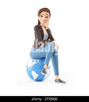 caricature 3d femme assise sur la terre, illustration isolée sur fond blanc Banque D'Images