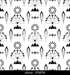 motif sans couture avec motif ethnique américain natif. loup, plumes, montagnes, soleil. Illustration de Vecteur